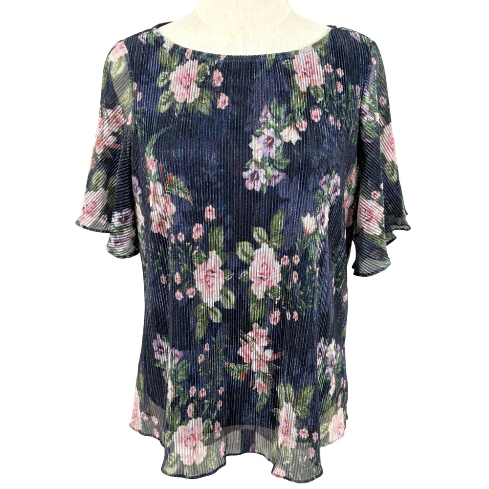 Adrianna Papell S Blouse Floral Pleated‎ Metallic Shimmer Flutter Sleeve Top